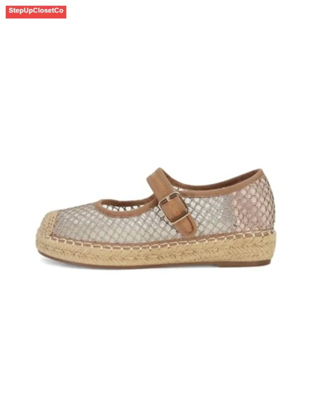 Woven Mesh Mary Jane Flats Espadrilles Platform Buckle Strap Comfort Dressy